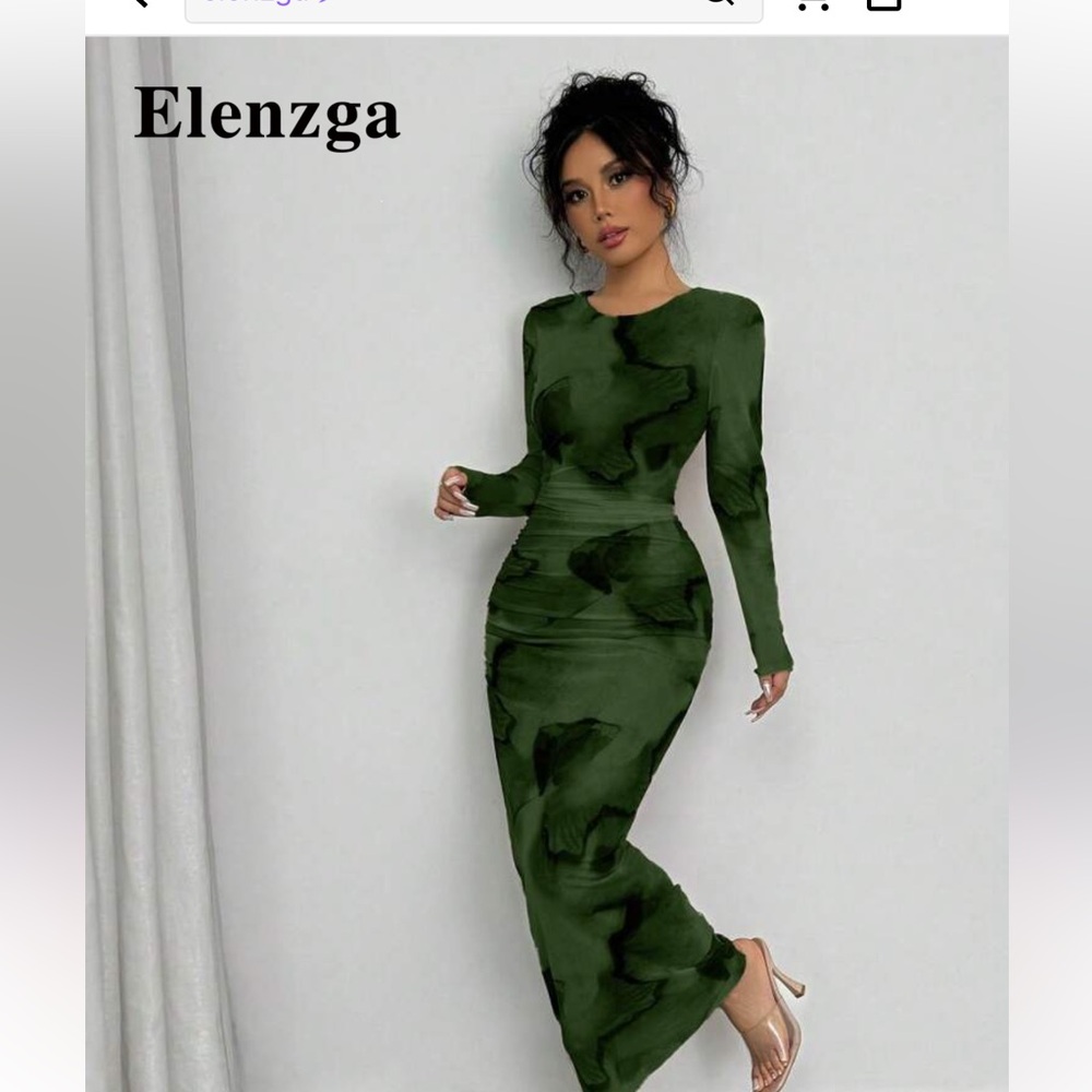 SHEIN Olive Green Long Sleeve Ruched Maxi Dress
